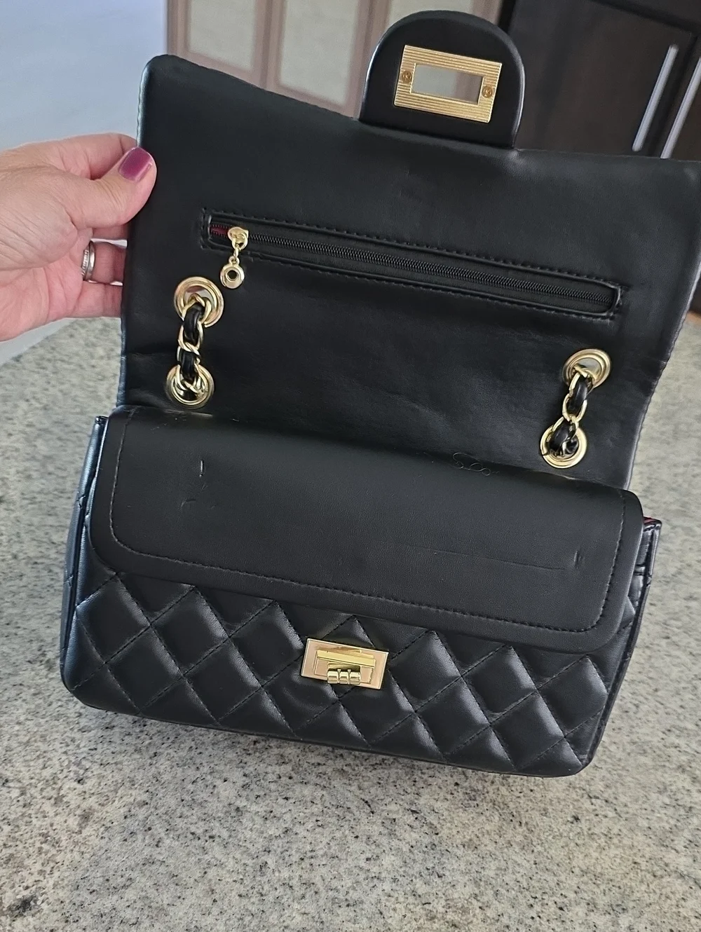 Classic Quilted Black Faux Leather Shoulder Bag with Gold Chain